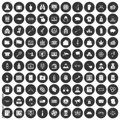 100 criminal offence icons set black circle