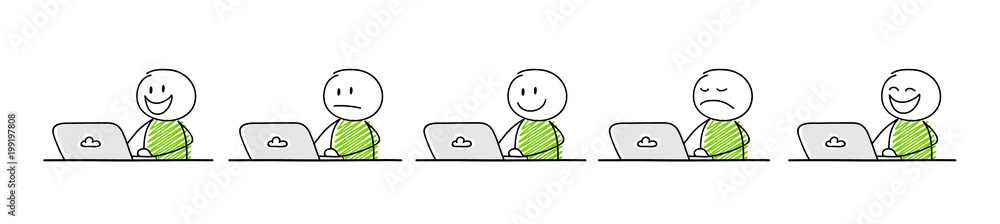 Business icons - cartoon stickman working on laptop. Collection with different facial expressions. Vector. Business icons - cartoon stickman working on laptop. Collection with different facial expressions. Vector.