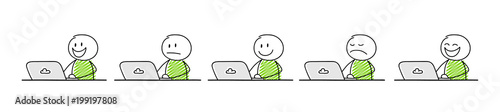 Business icons - cartoon stickman working on laptop. Collection with different facial expressions. Vector.