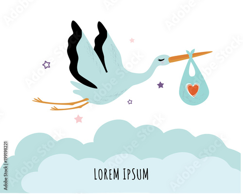 Vector illustration of a baby shower Invitation with stork