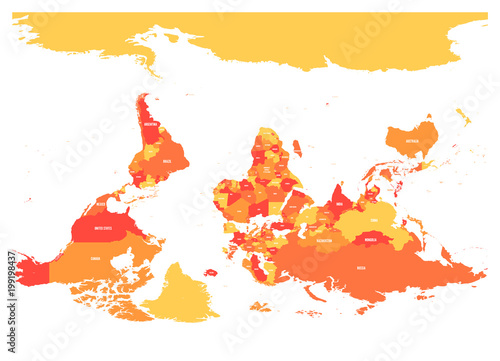 Reversed or upside down political map of World. South-up orientation. Vector illustration.