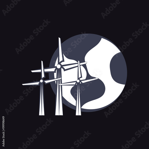 earth planet and eolic turbines over black background, vector illustration