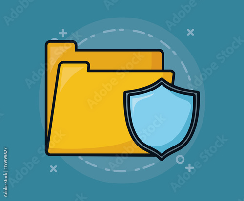 document folder with shield over blue background, colorful design. vector illustration
