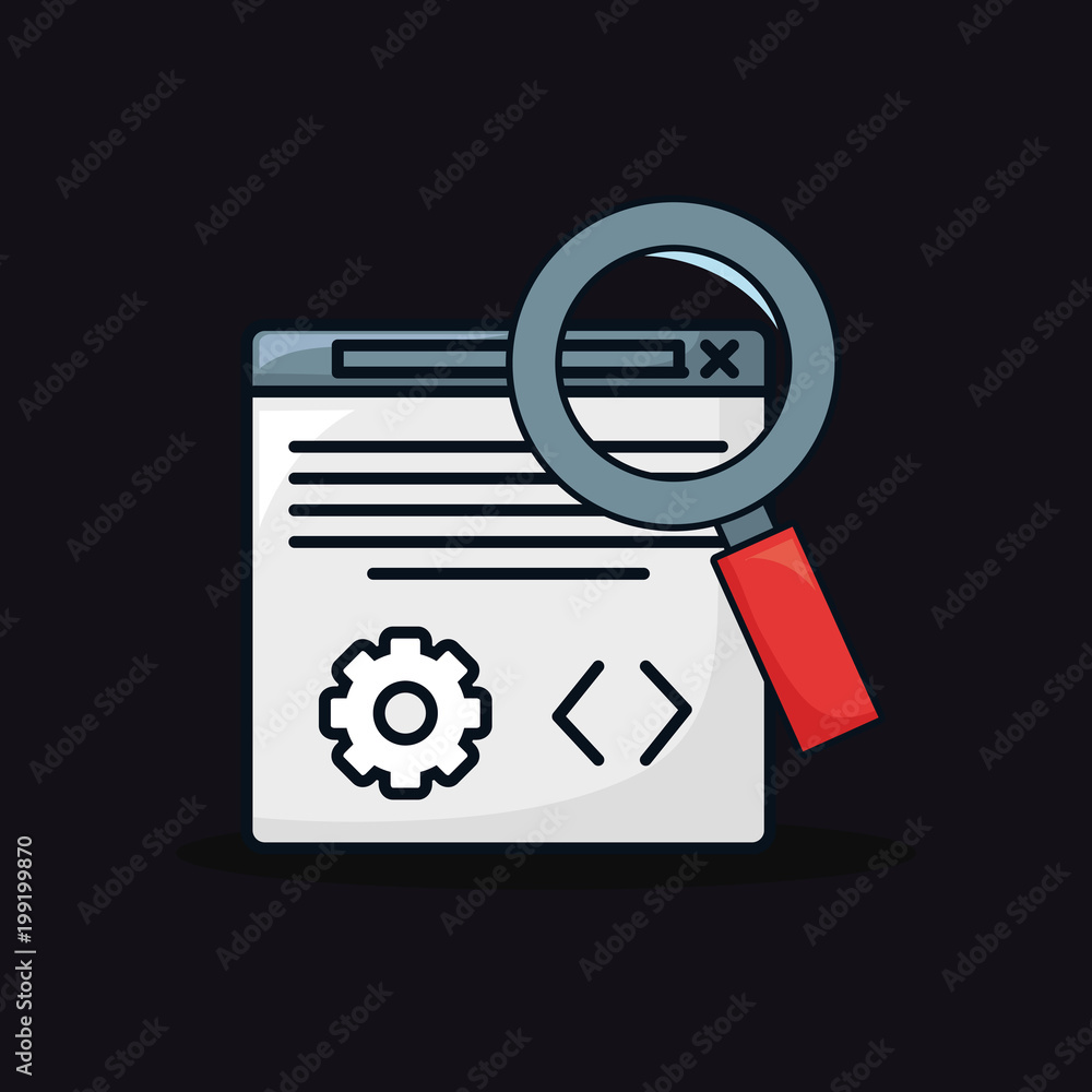web interface with magnifying glass over black background, colorful design. vector illustration web interface with magnifying glass over black background, colorful design. vector illustration