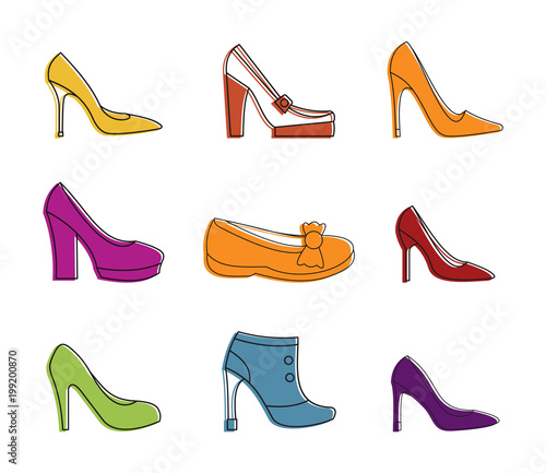 Woman shoes icon set, color outline style