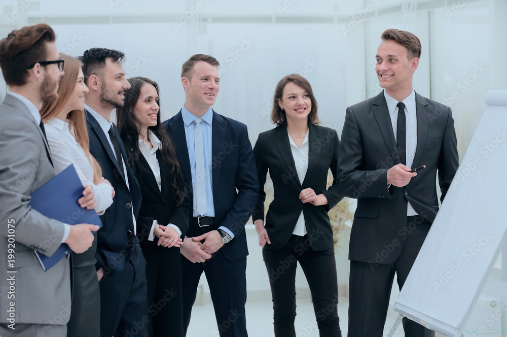 businessman pointing pen on blank Board for presentation