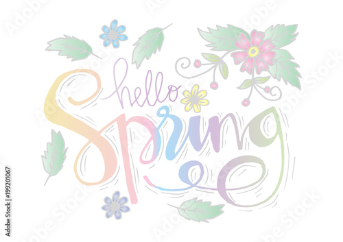 Hello Spring lettering. Greeting card design.