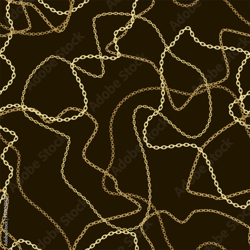 Seamless pattern with different golden chains on a black background. Vector.	