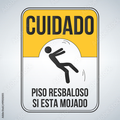 cuidado piso resbaloso si esta mojado. Caution Wet Floor spanish sign, yellow sign with falling man in modern style. Isolated vector illustration.