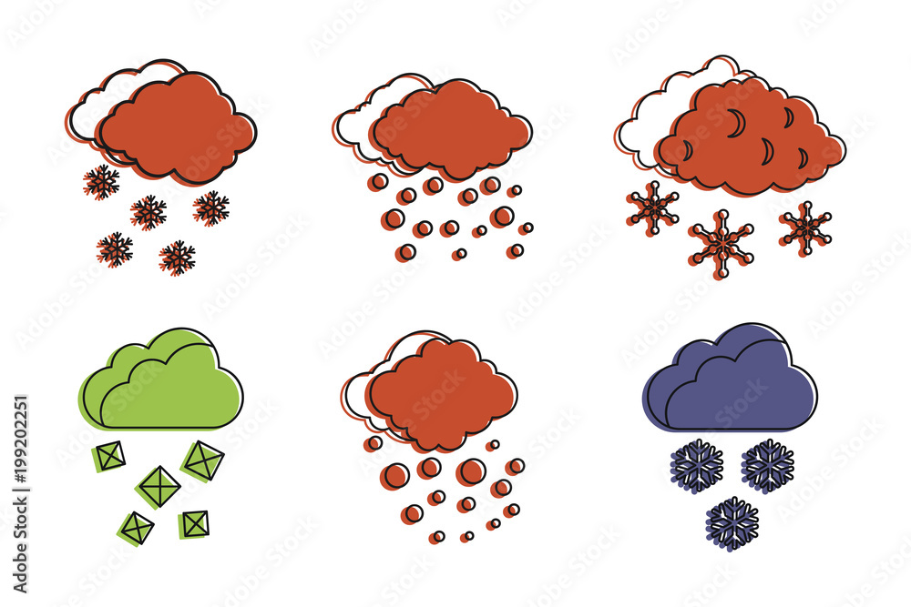 Snow cloud icon set, color outline style Snow cloud icon set, color outline style