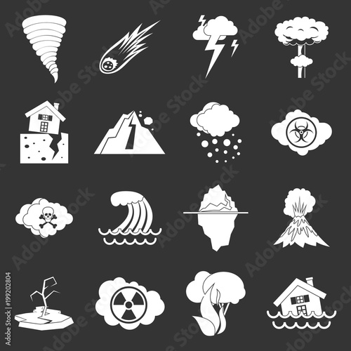 Natural disaster icons set grey vector