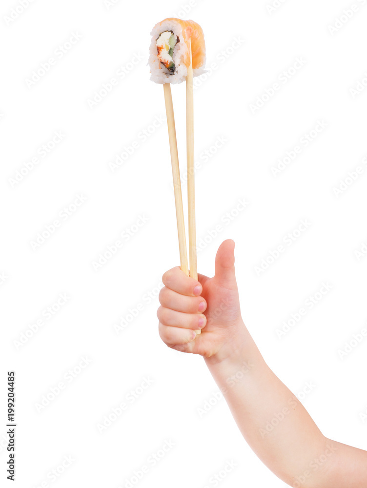 Child holding sushi roll on white background Child holding sushi roll on white background