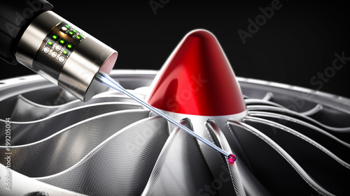 Cnc measuring probe for measuring a turbine part sample on a CMM machine.