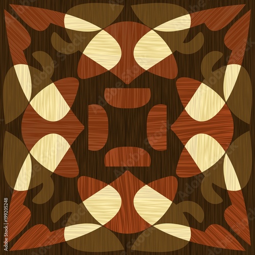 Wooden inlay, light and dark wood patterns. Wooden art decoration template. Veneer textured geometric elements,