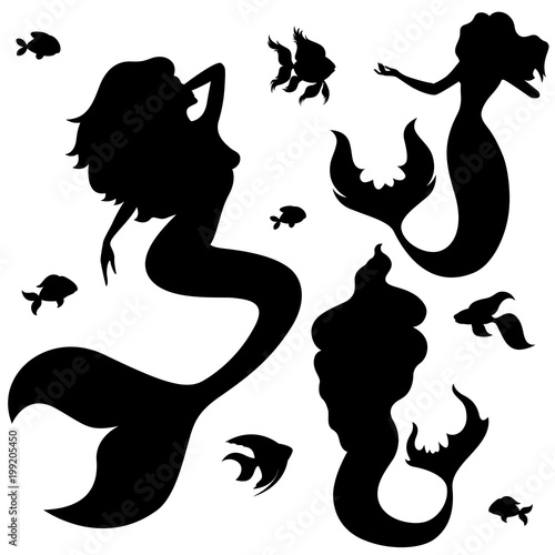 Mermaid and fish silhouettes