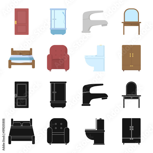 A bed, an armchair, a toilet, a wardrobe.FurnitureFurniture set collection icons in black,cartoon style vector symbol stock illustration web.