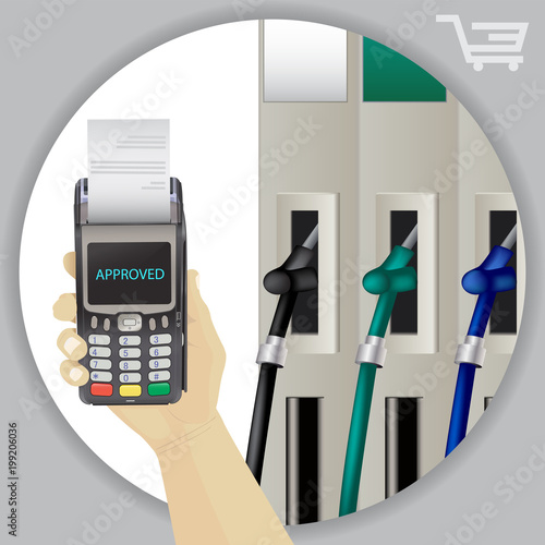 Fuel Dispenser And Fuel Nozzles At A Filling Station To Pump Petrol, Gas, Diesel. Contactless Wireless Payment.  Vector