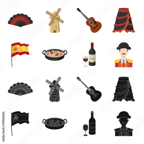 Flag with the coat of arms of Spain, a national dish with rice and tomatoes, a bottle of wine with a glass, a bullfighter, a matador. Spain country set collection icons in black,cartoon style vector