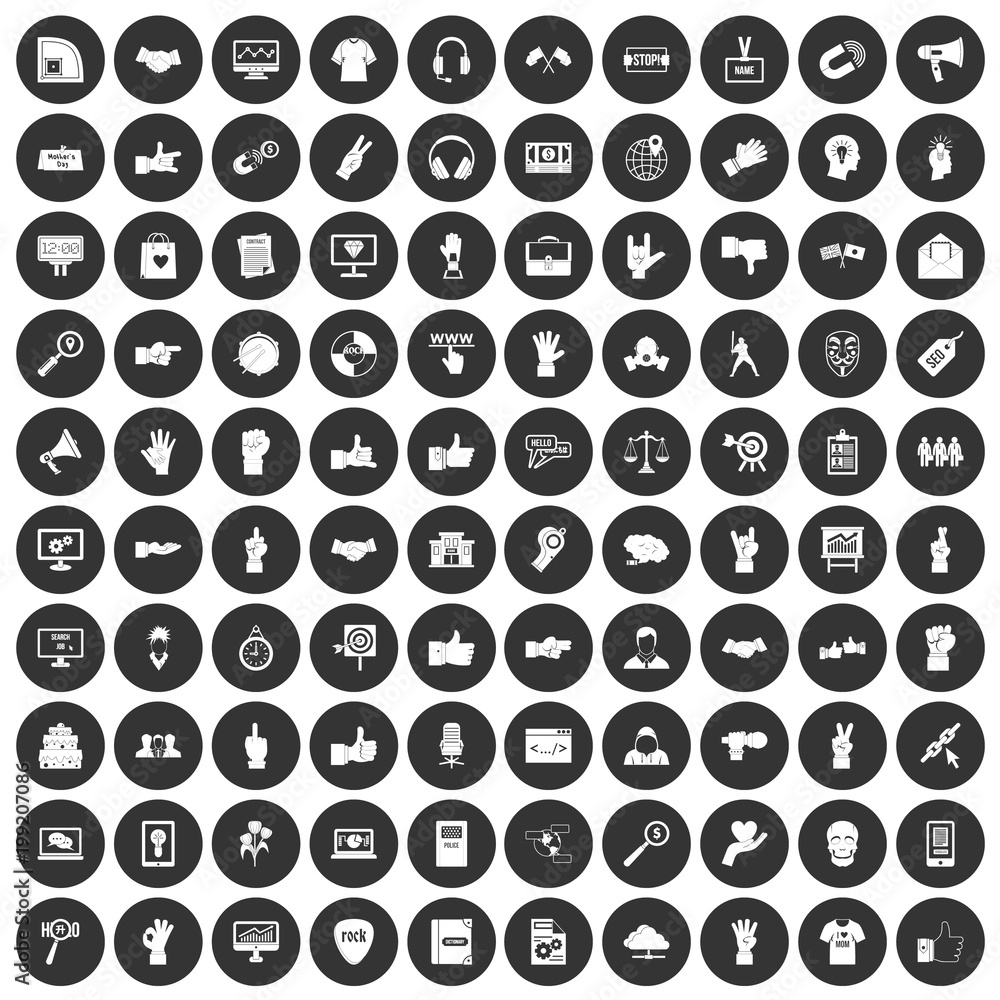 100 different gestures icons set black circle 100 different gestures icons set black circle