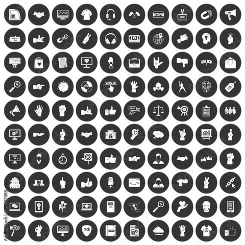 100 different gestures icons set black circle