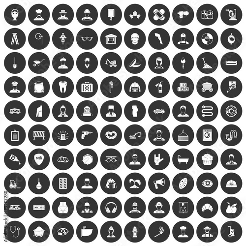 100 different professions icons set black circle