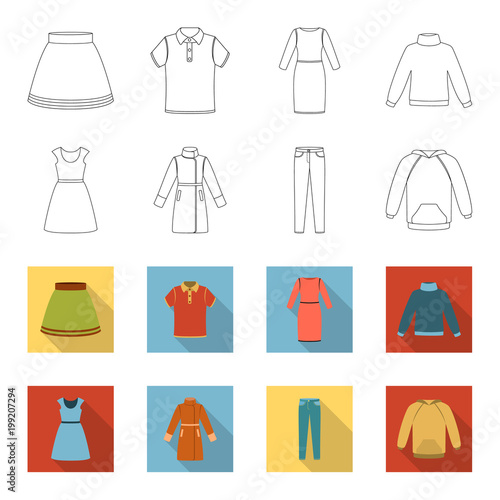 Dress with short sleeves, trousers, coats, raglan.Clothing set collection icons in outline,flet style vector symbol stock illustration web.