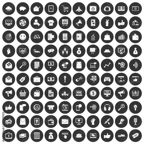 100 digital marketing icons set black circle
