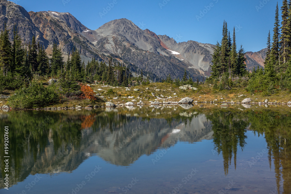 Glassy reflections.  Semaphore Lakes Basin under clear blue skies, Canada.