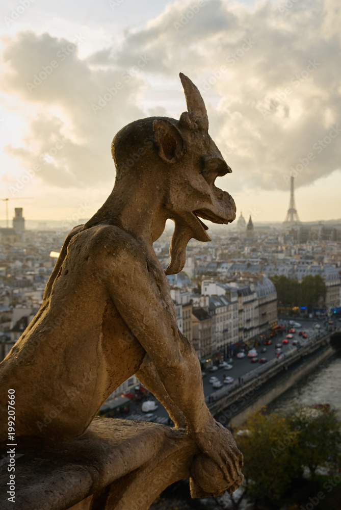 Chimera of Notre Dame, with Eiffel Tower in the background, Paris, France