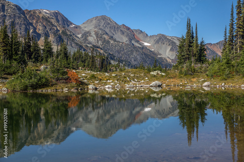 Glassy reflections. Semaphore Lakes Basin under clear blue skies, Canada.