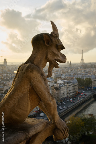 Chimera of Notre Dame, with Eiffel Tower in the background, Paris, France