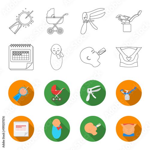 Calendar, newborn, stomach massage, artificial feeding. Pregnancy set collection icons in outline,flet style vector symbol stock illustration web.