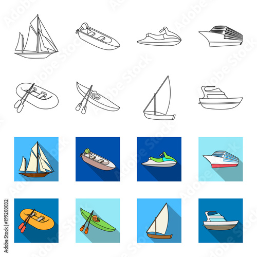 A rubber fishing boat, a kayak with oars, a fishing schooner, a motor yacht.Ships and water transport set collection icons in outline,flet style vector symbol stock illustration web.