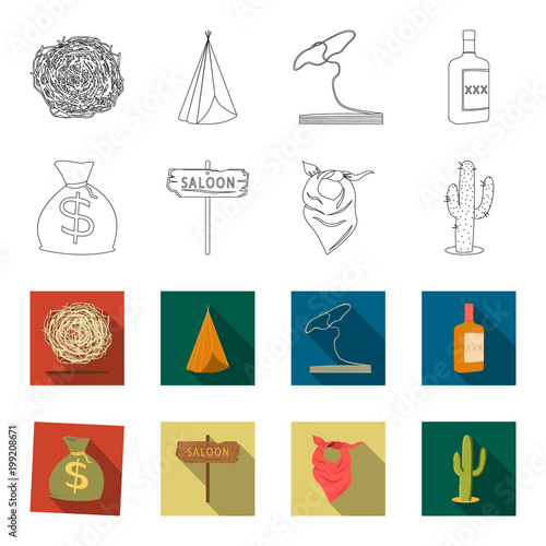 Bag of money, saloon, cowboy kerchief, cactus. Wild west set collection icons in outline,flet style vector symbol stock illustration web. photo