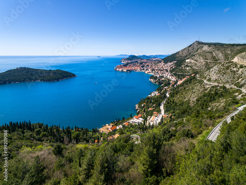 Stunning Aerial View of Dubrovnik old city and vibrant blue Adriatic Sea 
