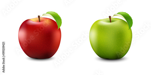 Red and Green Apple Set. Realistic With Leaf. Detailed 3d Illustration Isolated On White.  Vector Illustration.
