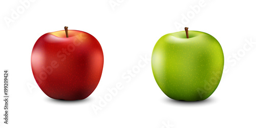 Red and Green Apple Set. Realistic 3d apples. Detailed 3d Illustration Isolated On White. Vector Illustration.