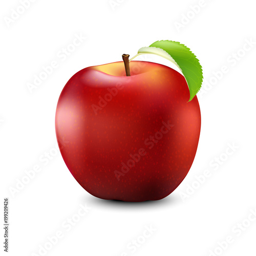 Red Apple Realistic With Leaf. Detailed 3d Illustration Isolated On White.  Vector Illustration.