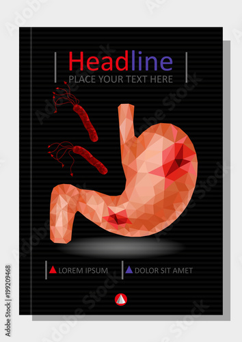 Realistic low poly human stomach and duodenum cover design. Gastric ulcer diseases, helicobacter pylori bacteria attack. Annual report. A4 medical journal, conference, magazine, banner, flyer.