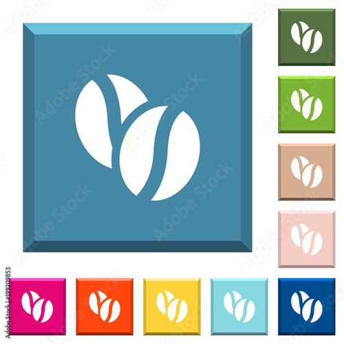 Coffe beans white icons on edged square buttons