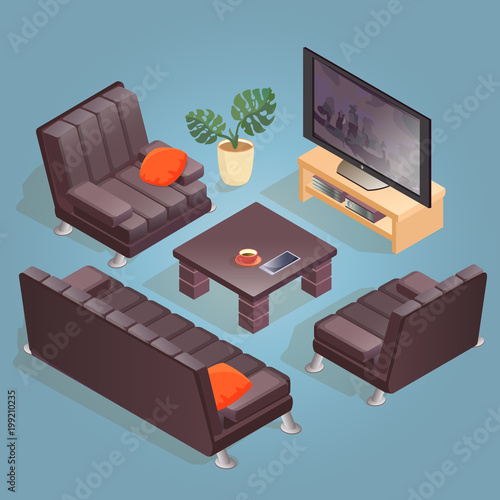 Isometric cartoon armchair, TV,  icon isolated on blue.
