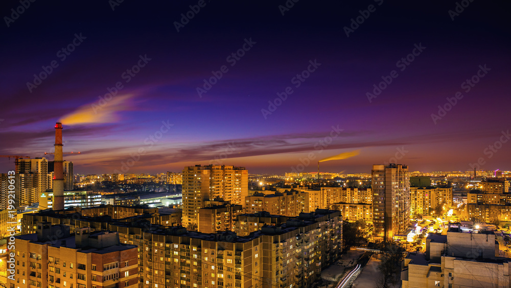 Fototapeta premium Aerial view at evening cityscape, Voronezh city downtown panorama, high-rise residential houses, business buildings, urban after dawn