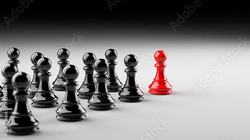 Leadership, success, and teamwork concept, red pawn of chess, standing out from the crowd of black pawns. 3D rendering.