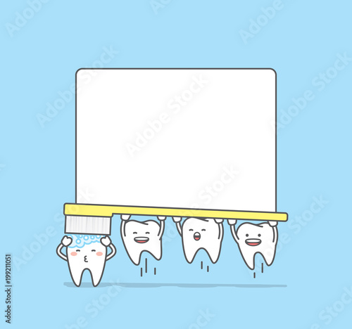 Tooth character brushing teeth frame illustration vector on blue background. Dental concept.