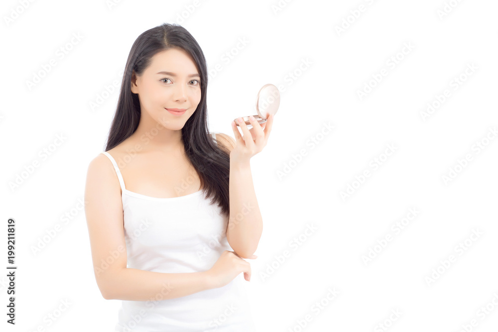 Portrait of beautiful asian woman applying powder puff at cheek makeup of cosmetic, beauty of girl with face smile isolated on white background, wellness and healthcare concept. Portrait of beautiful asian woman applying powder puff at cheek makeup of cosmetic, beauty of girl with face smile isolated on white background, wellness and healthcare concept.