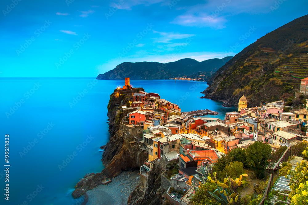 Vernazza village, aerial view on red sunset. Cinque Terre, Ligury, Italy