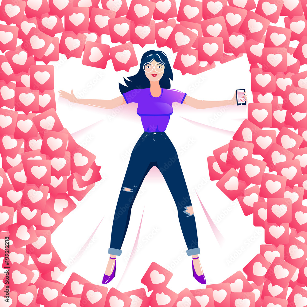 Girl blogger makes a snow angel in the like of social networks. Popularity on the Internet, seo traffic Girl blogger makes a snow angel in the like of social networks. Popularity on the Internet, seo traffic
