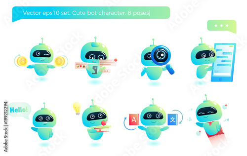Obraz na płótnie Cute bot character set. Chatbot greets. Online consultation