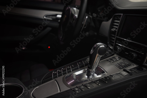 Automatic transmission in modern car. Interior detail.