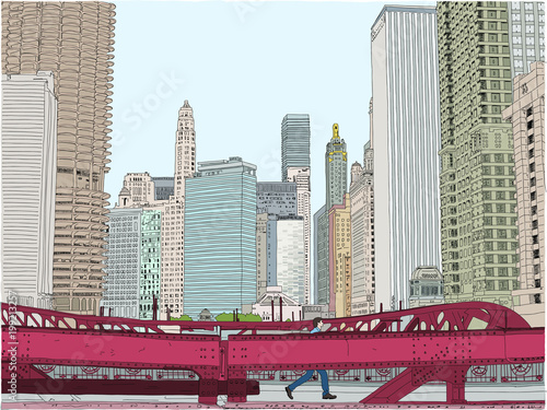 A man crosses a bridge in the city. Concept of being hopeful about a great career. Hand drawn vector illustration. 